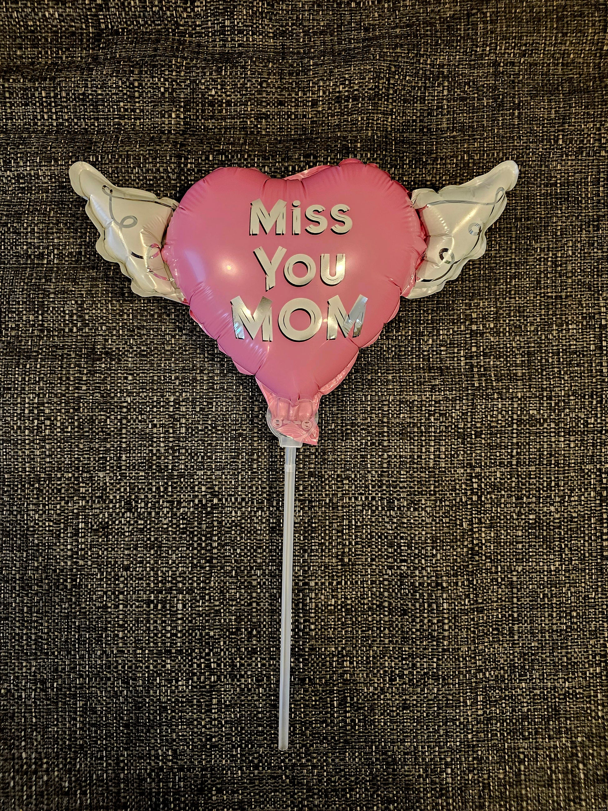 Heavenly Balloons ® on a Stick Miss You Mom (pink) balloon heart-shaped with angel wings