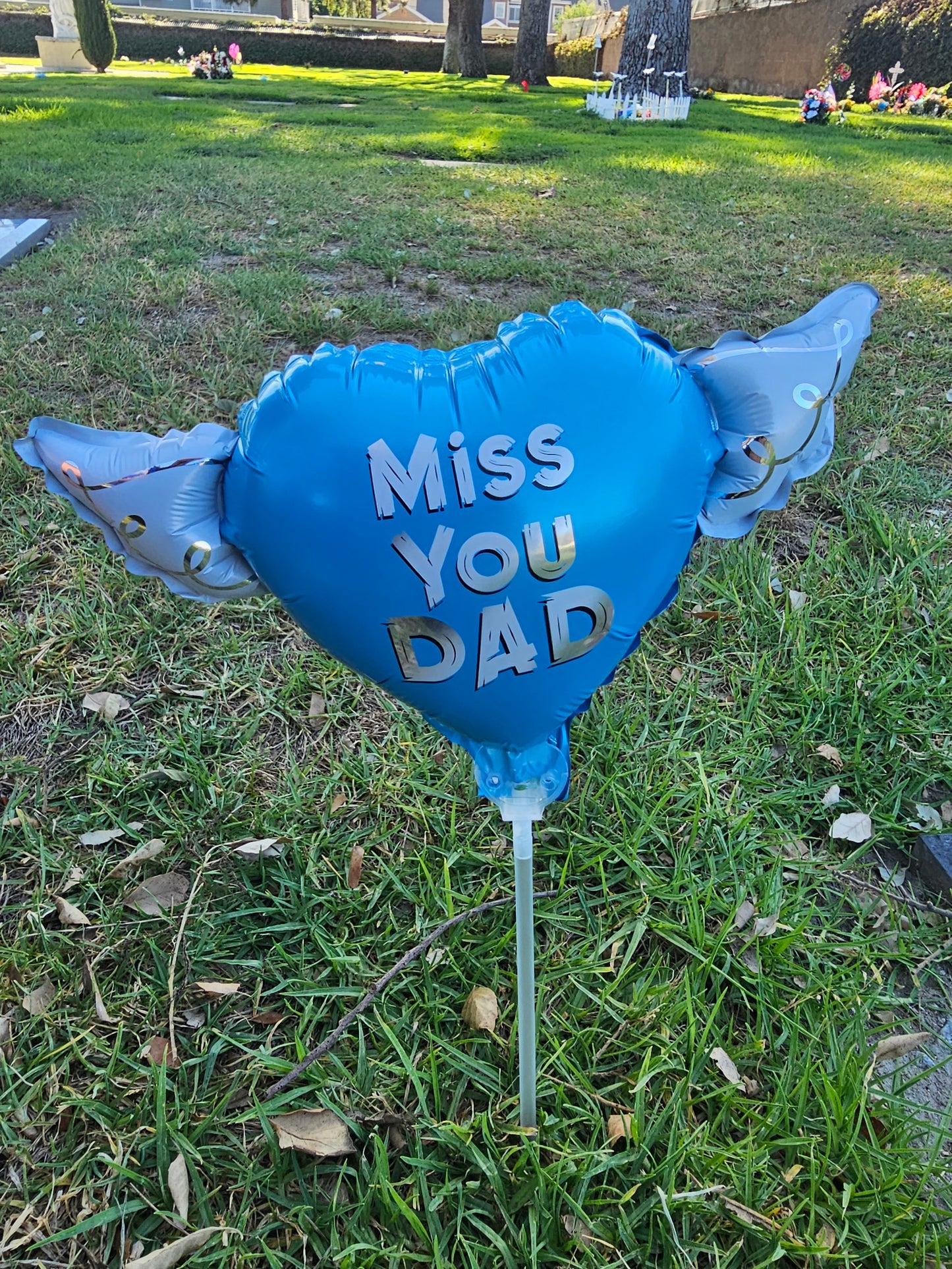 Heavenly Balloons ® on a Stick Miss You Dad (blue) balloon heart-shaped with angel wings dimensions