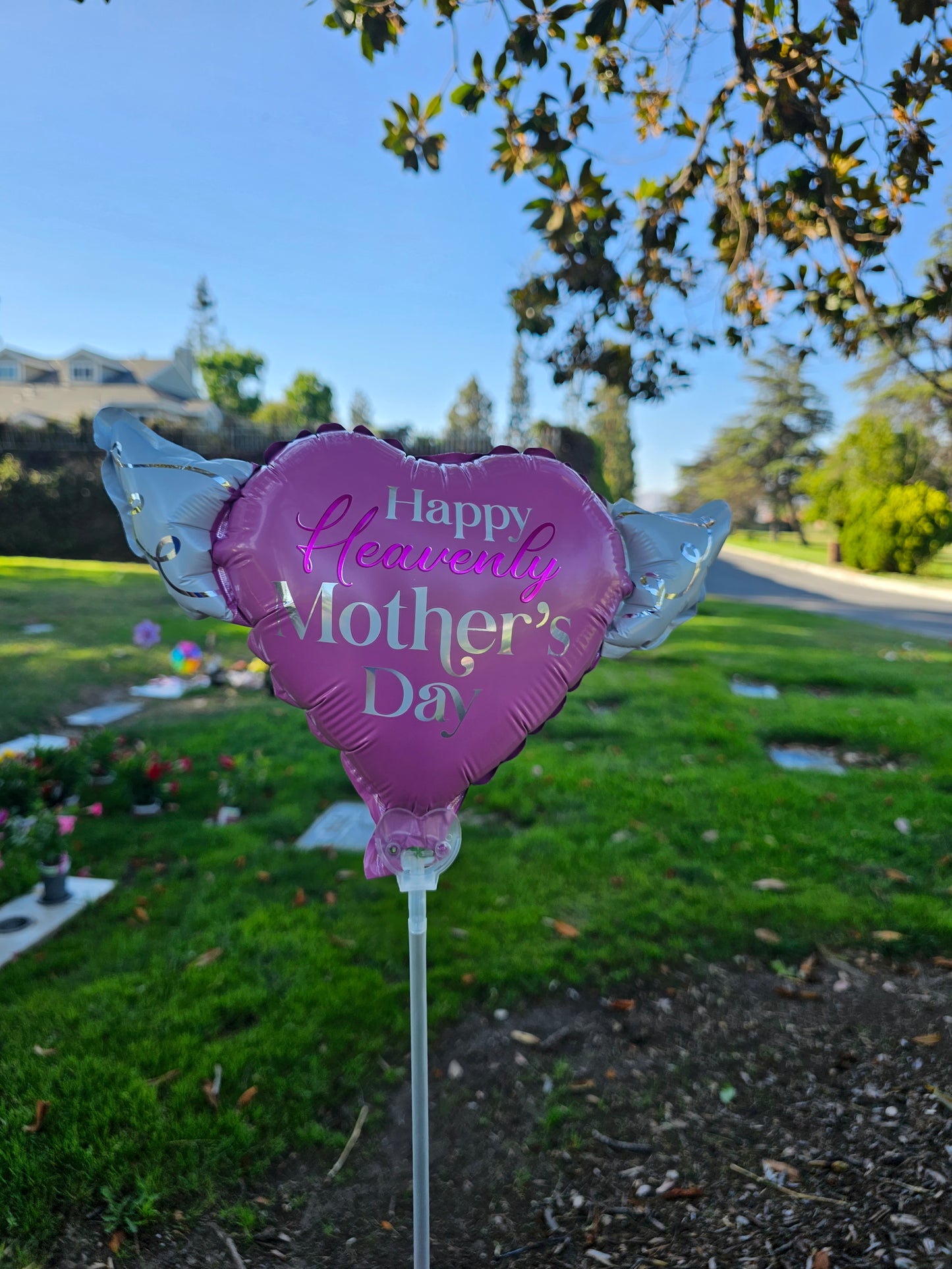Heavenly Balloons ® on a Stick Happy Heavenly Mother's Day (pink) balloon heart shaped with angel wings