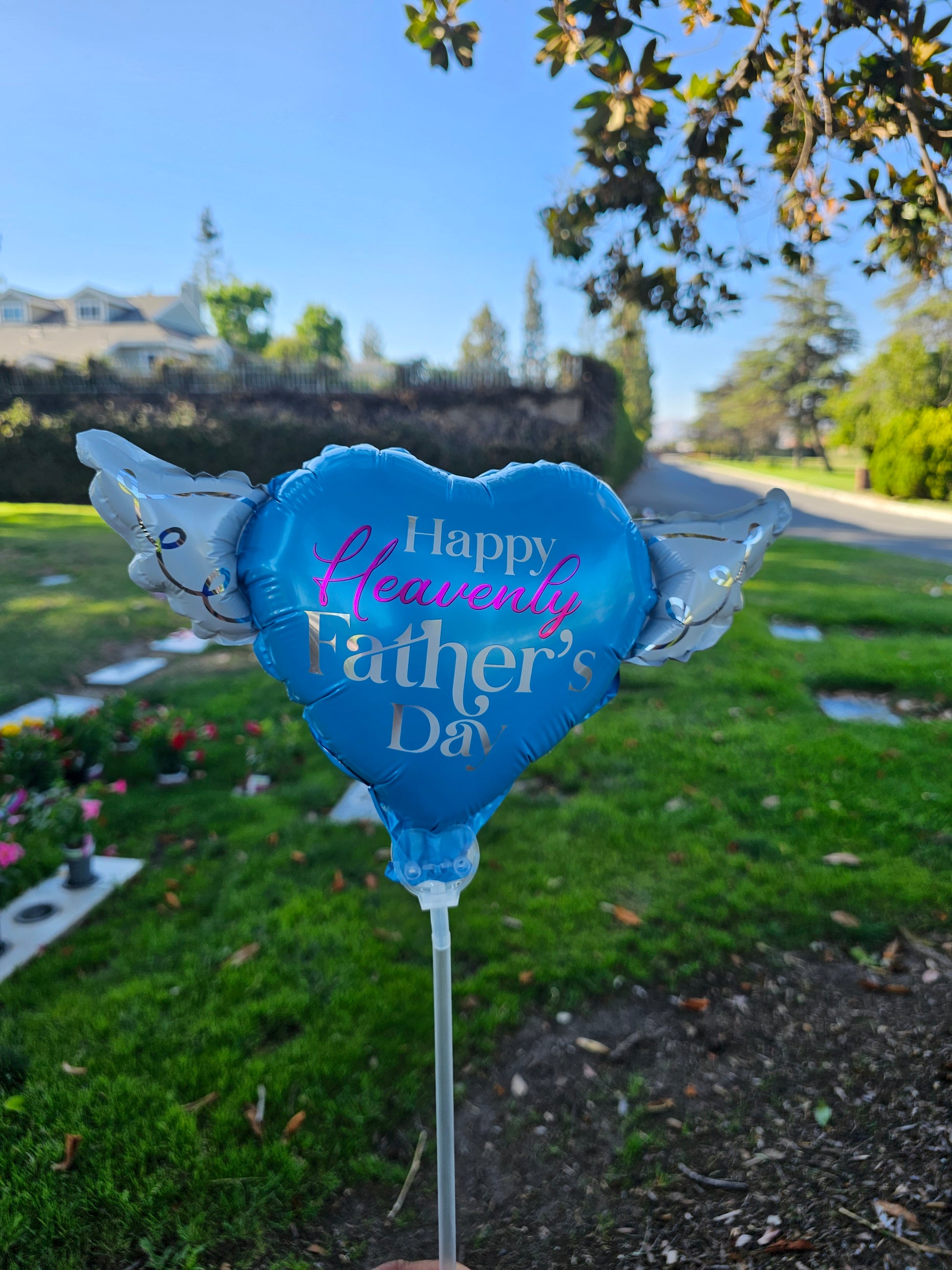 Heavenly Balloons ® on a Stick Happy Heavenly Father's Day (pink) balloon heart-shaped with angel wings