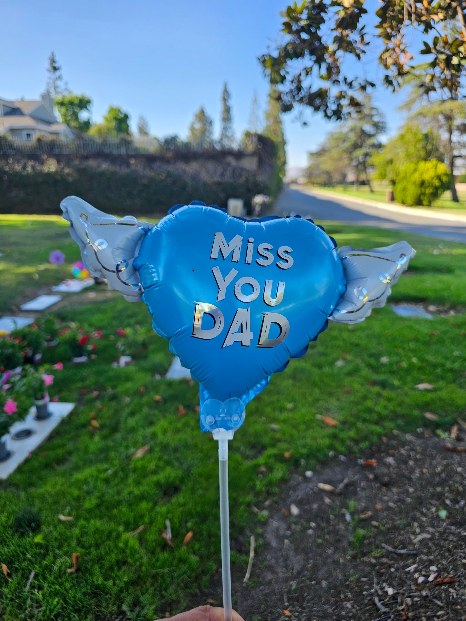 Heavenly Balloons ® on a Stick Miss You Dad (blue) balloon heart-shaped with angel wings dimensions