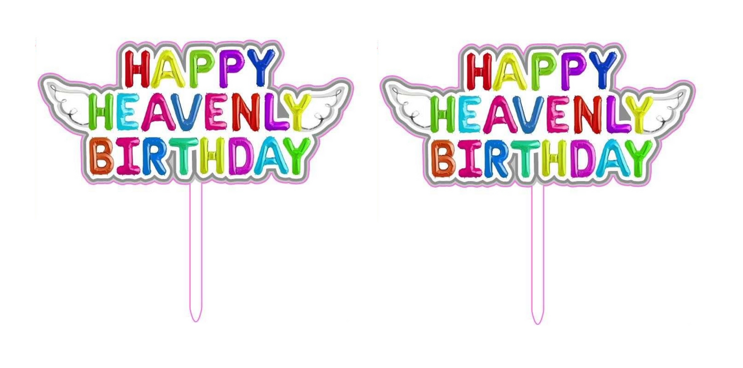 Original Cake Topper Happy Heavenly Birthday Colorful with angel wings - 2 Pack