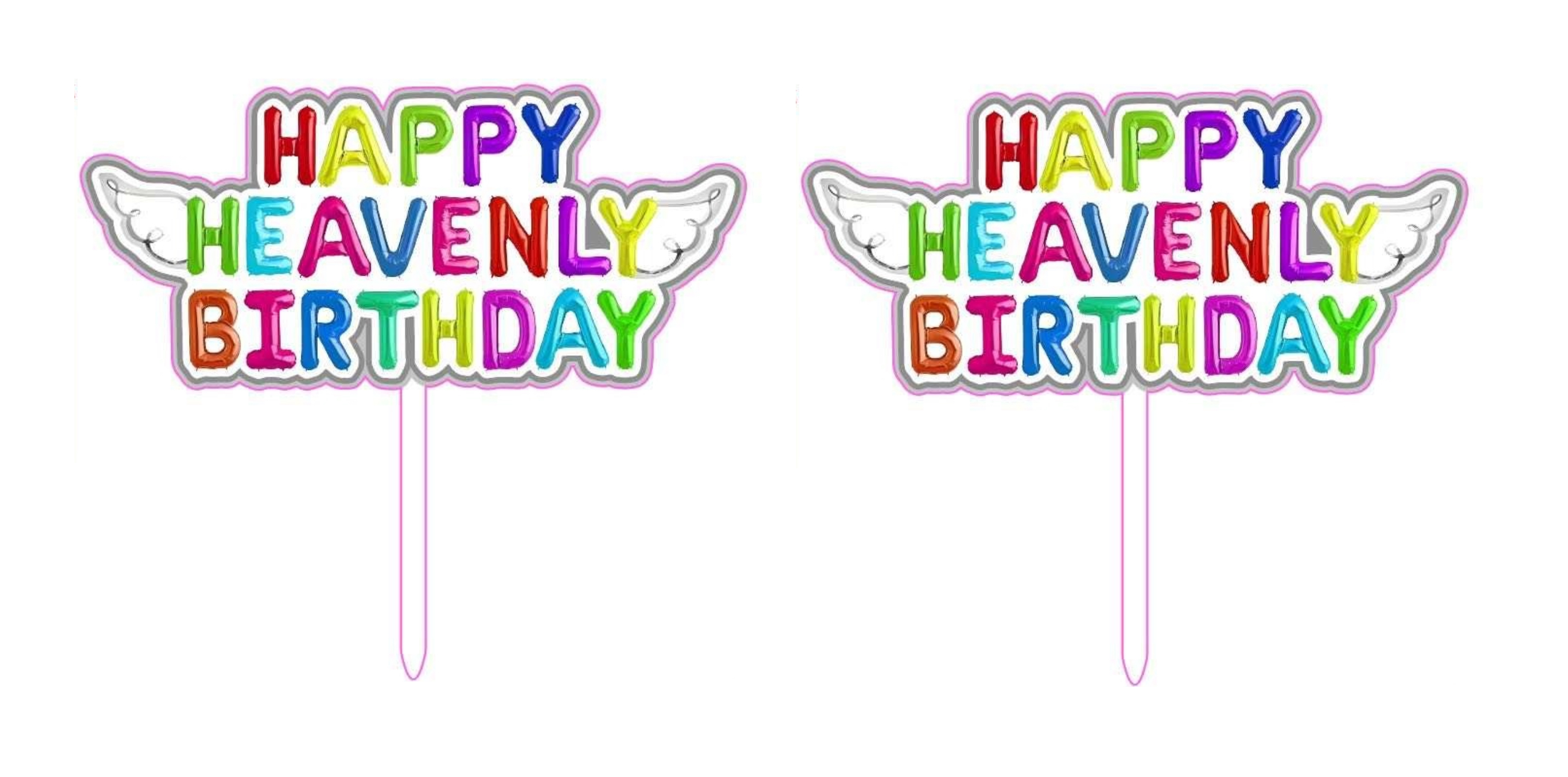 Original Cake Topper Happy Heavenly Birthday Colorful with angel wings - 2 Pack