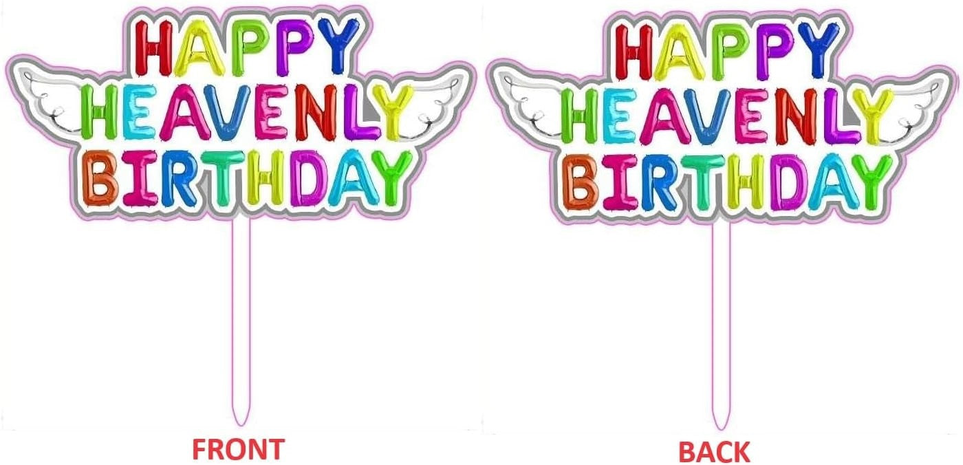 Original Cake Topper Happy Heavenly Birthday Colorful with angel wings front & back view