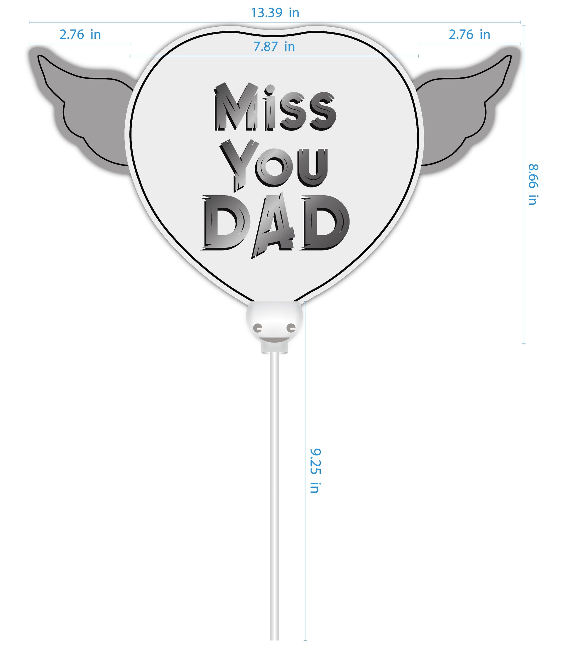 Heavenly Balloons ® on a Stick Miss You Dad (blue) balloon heart-shaped with angel wings dimensions