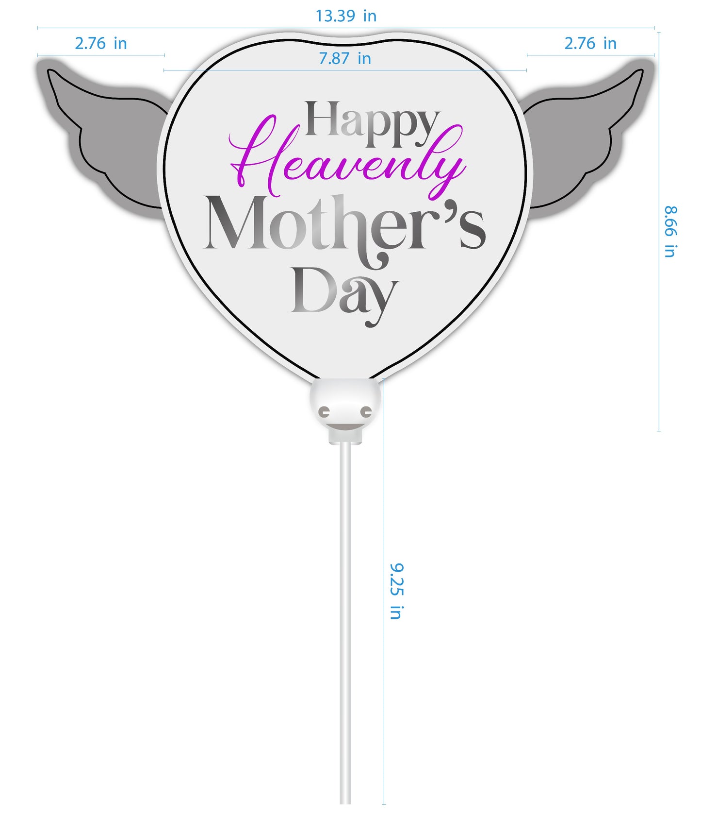 Heavenly Balloons ® on a Stick Happy Heavenly Mother's Day (pink) balloon heart shaped with angel wings dimensions