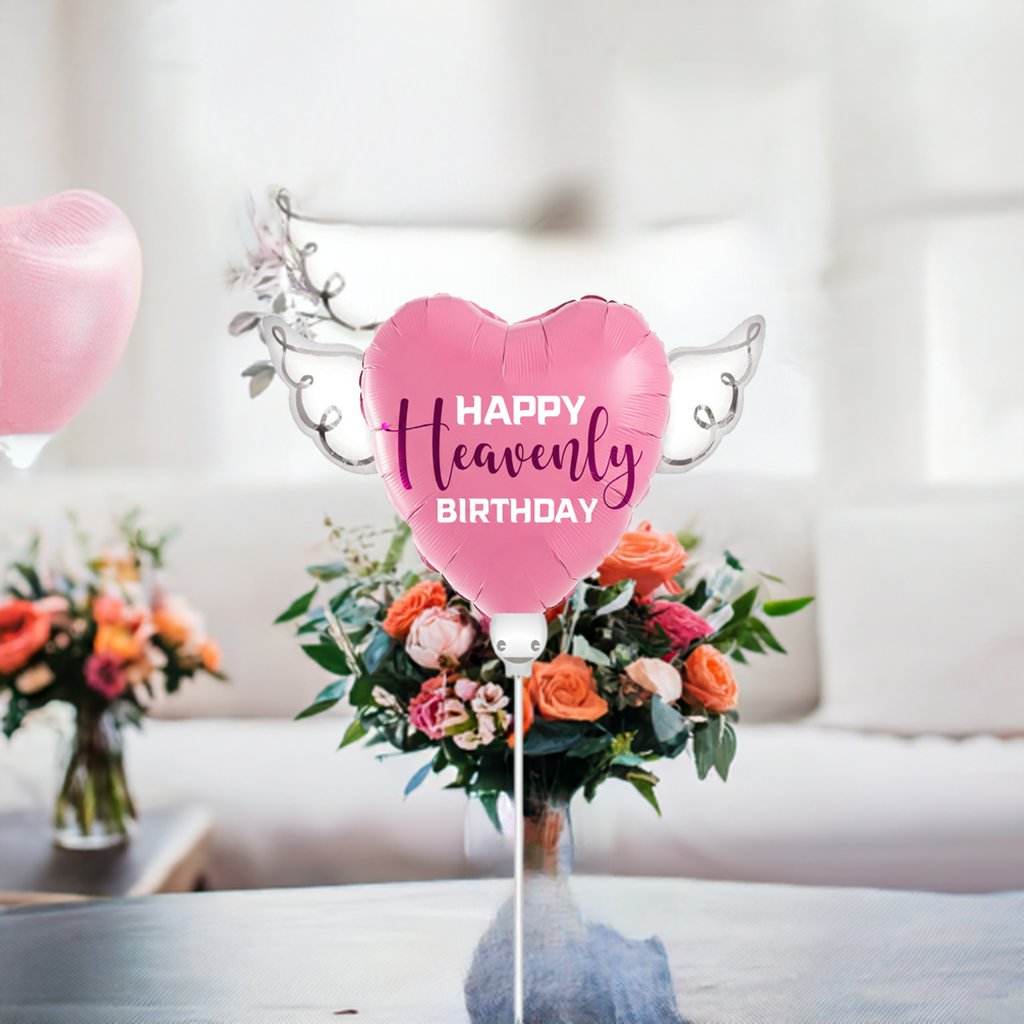 Heavenly Balloons ® on a Stick Happy HEAVENLY BIRTHDAY ® pink/purple balloon heart shaped with angel wings