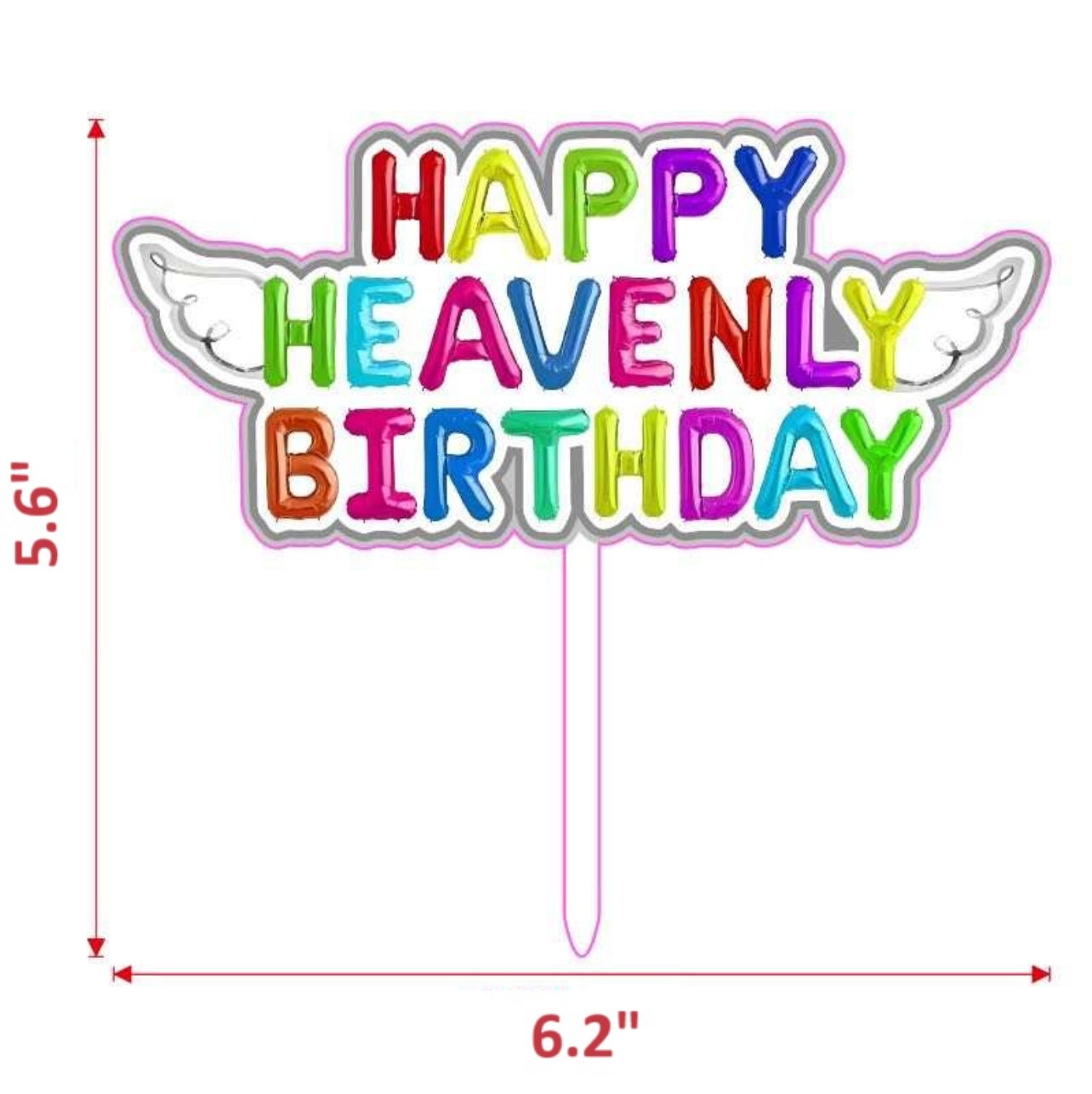 Original Cake Topper Happy Heavenly Birthday Colorful with angel wings dimensions
