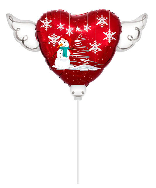 Heavenly Balloons ® on a Stick Christmas Snowman Holiday balloon heart shaped with angel wings