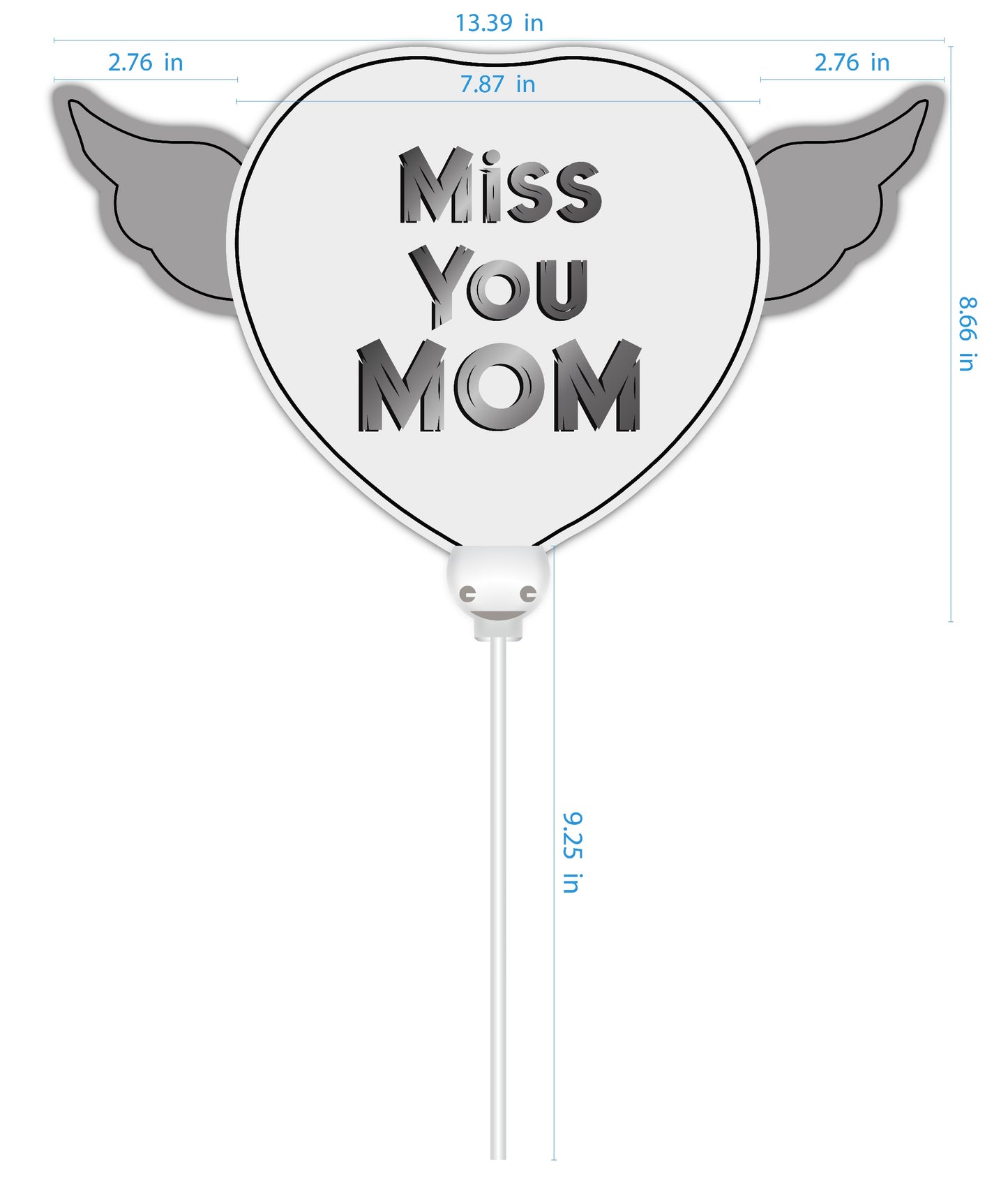 Heavenly Balloons ® on a Stick Miss You Mom (pink) balloon heart-shaped with angel wings dimensions