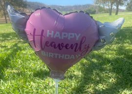 "Happy Heavenly Birthday" Pink Heart Balloon on Stick with Angel Wings
