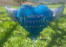"Happy Heavenly Birthday" Blue Heart Balloon on Stick with Angel Wings