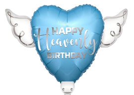 "Happy Heavenly Birthday" Blue Heart Balloon on Stick with Angel Wings