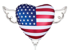 USA Flag Heart Angel Wing Balloon - On a Stick