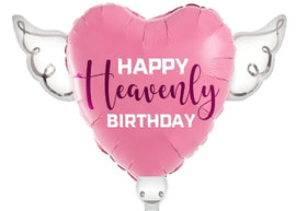 "Happy Heavenly Birthday" Pink Heart Balloon on Stick with Angel Wings