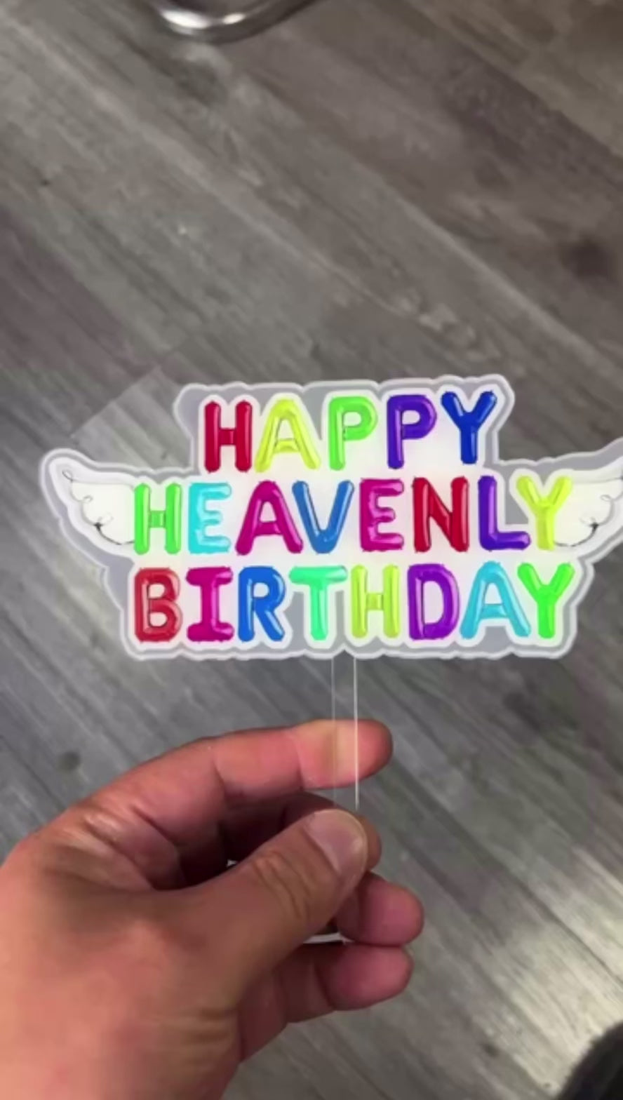(Video) Original Cake Topper Happy Heavenly Birthday Colorful with angel wings