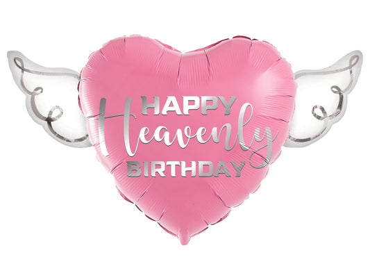 Heart-Shaped Pink Happy Heavenly Birthday Balloon with white angel wings