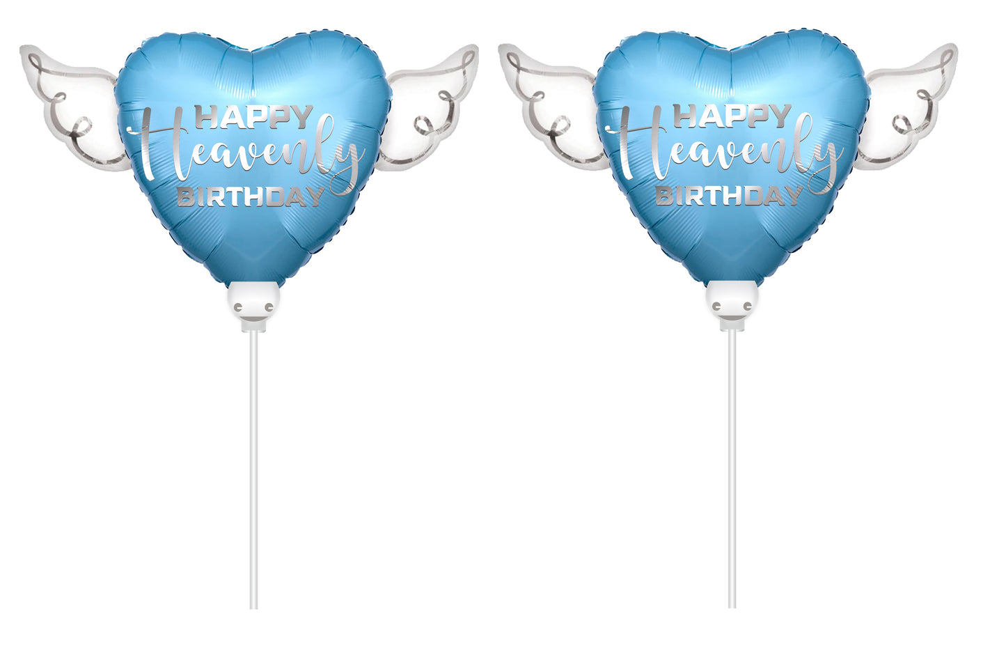 Happy Heavenly Birthday blue balloons on a stick heart shaped with angel wings