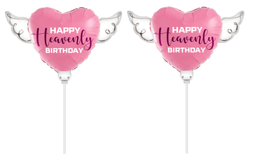 Happy Heavenly Birthday pink/purple balloons on a stick heart shaped with angel wings