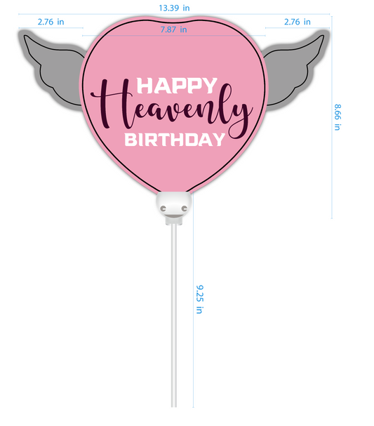 Happy Heavenly Birthday pink/purple balloons on a stick heart shaped with angel wings dimensions