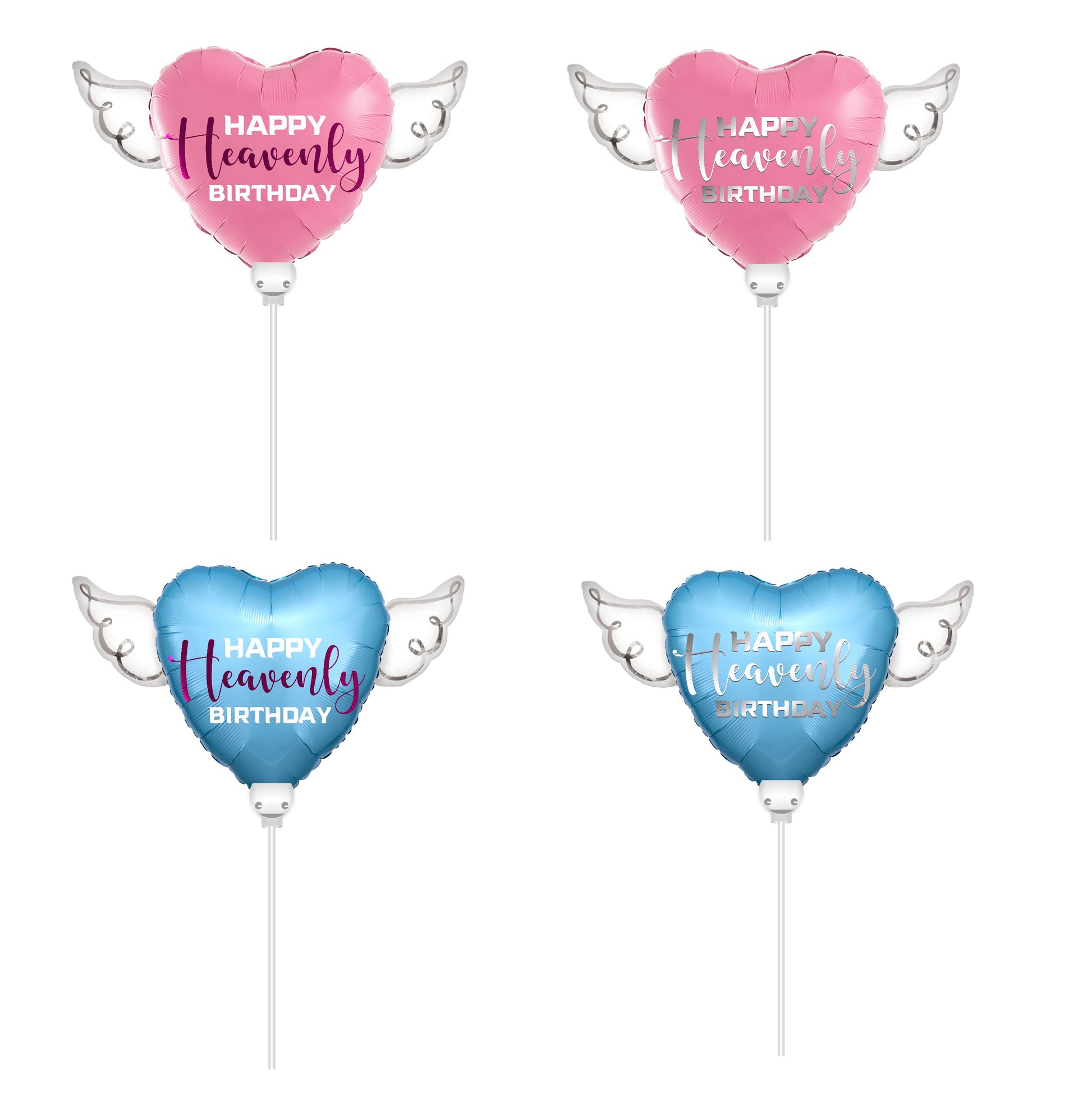 4-Pack Combo Happy Heavenly Birthday Balloons on a Stick Heart Shaped with angel wings