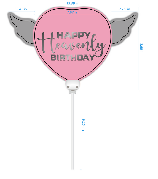 Happy Heavenly Birthday pink balloons on a stick heart shaped with angel wings dimensions