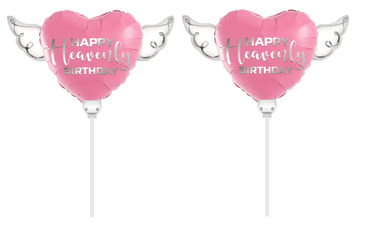 Happy Heavenly Birthday pink balloons on a stick heart shaped with angel wings