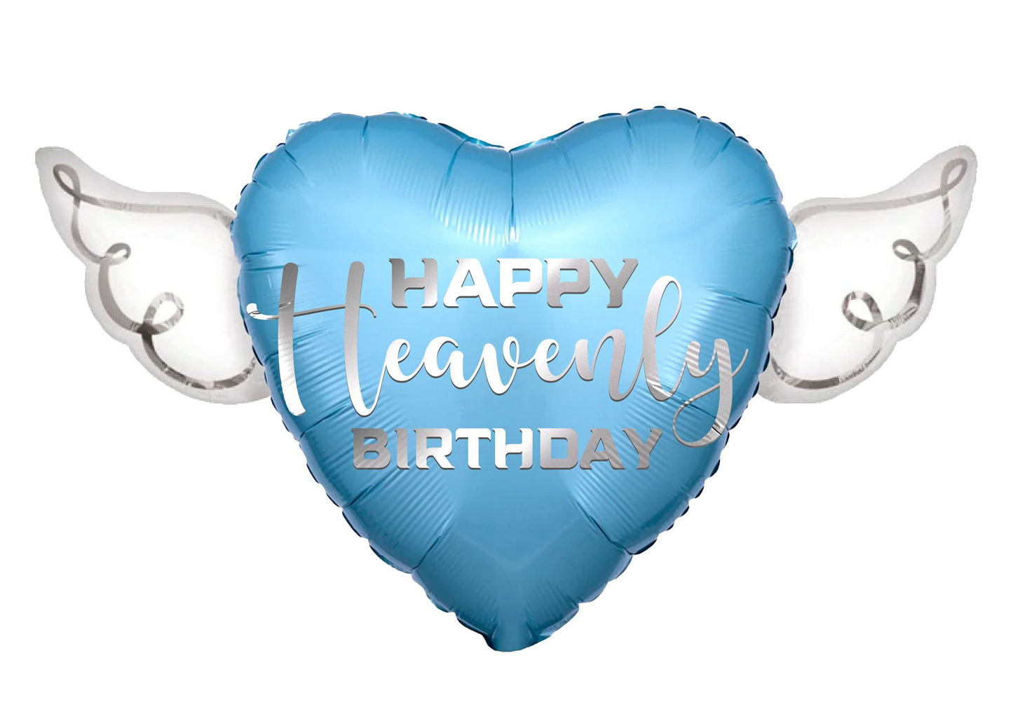 Heart-Shaped Blue Happy Heavenly Birthday Balloon with white angel wings