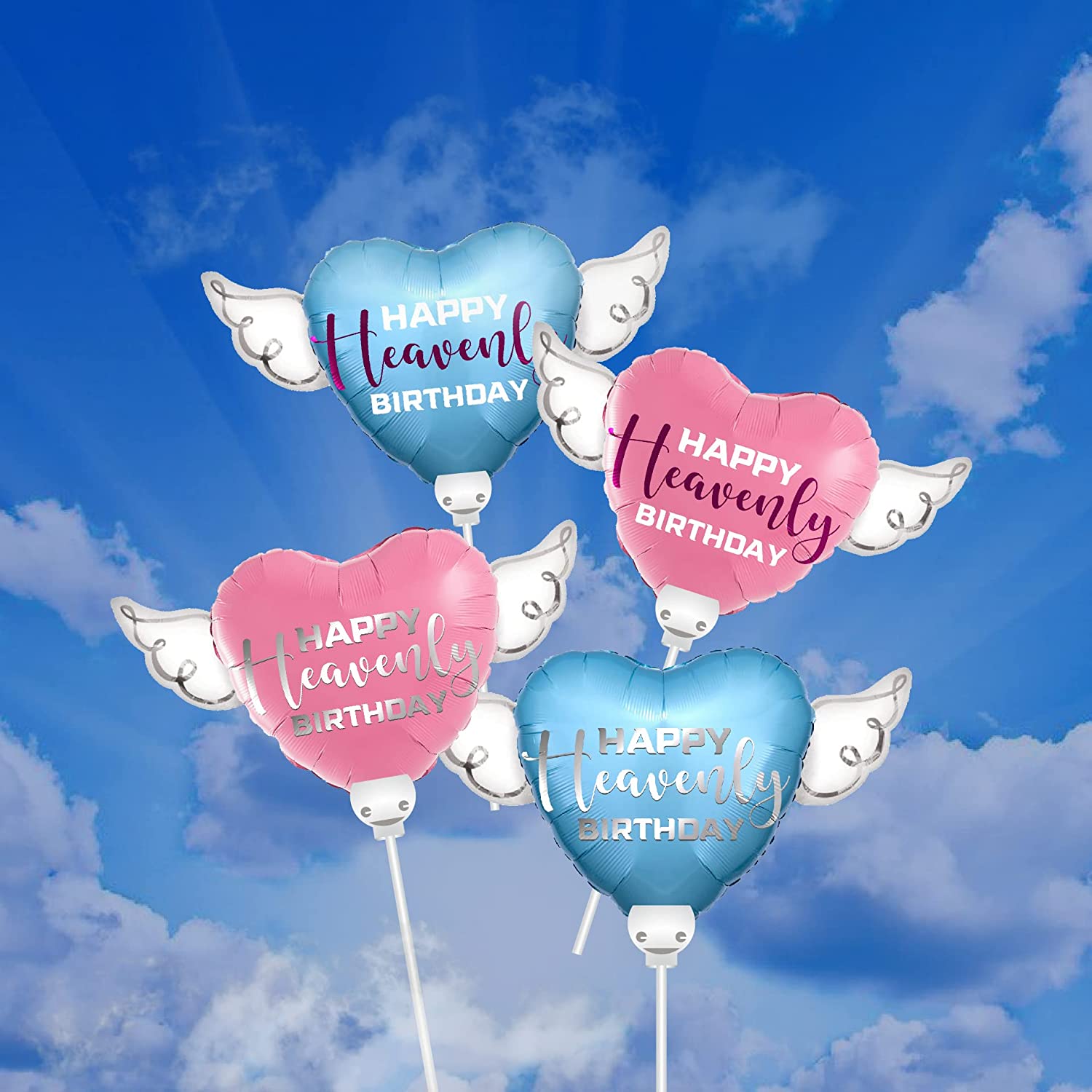 Happy Heavenly Birthday blue & purple balloons on a stick heart shaped with angel wings