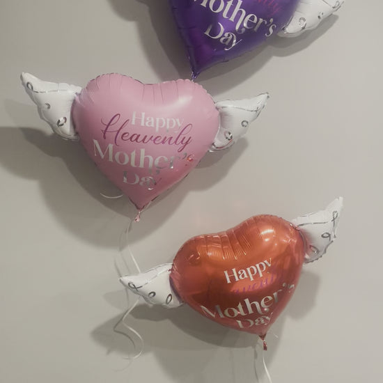 (Video) Happy Heavenly Mother's Day Balloons Heart Shaped with angel wings (Red, Pink & Purple)