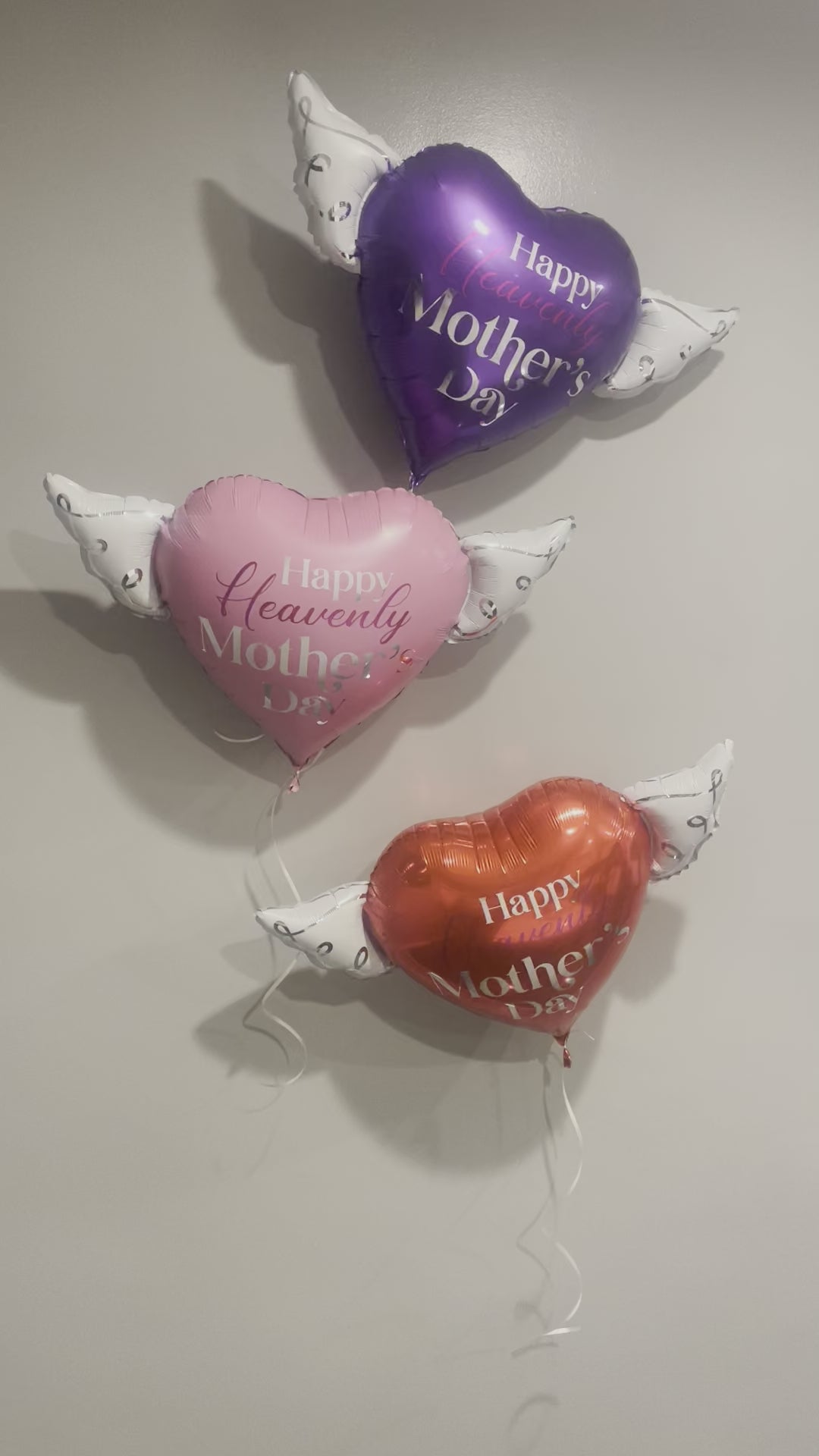 (Video) Happy Heavenly Mother's Day Balloons Heart Shaped with angel wings (Red, Pink & Purple)