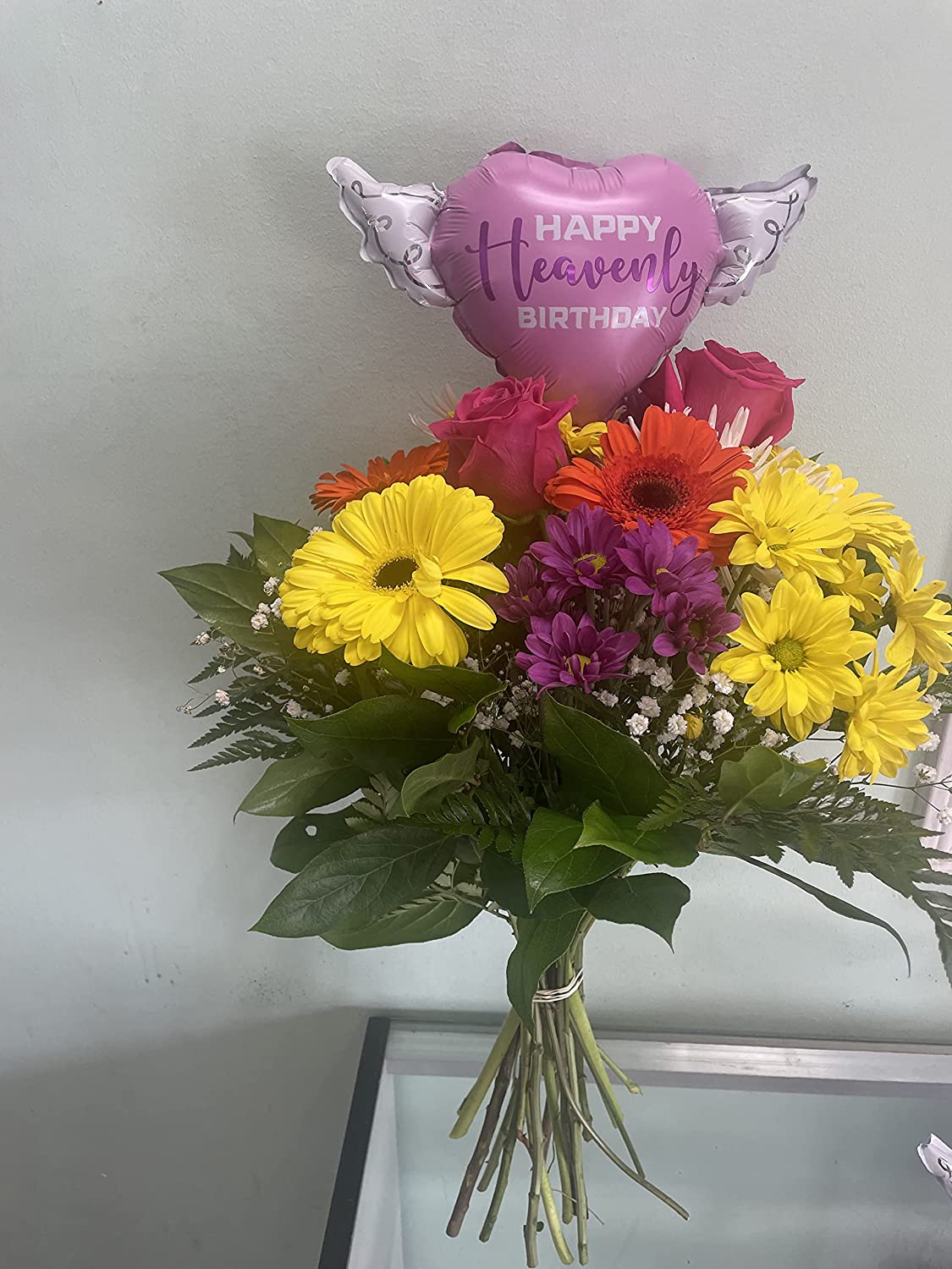 Happy Heavenly Birthday pink/purple balloons on a stick heart shaped with angel wings + bouquet of flowers