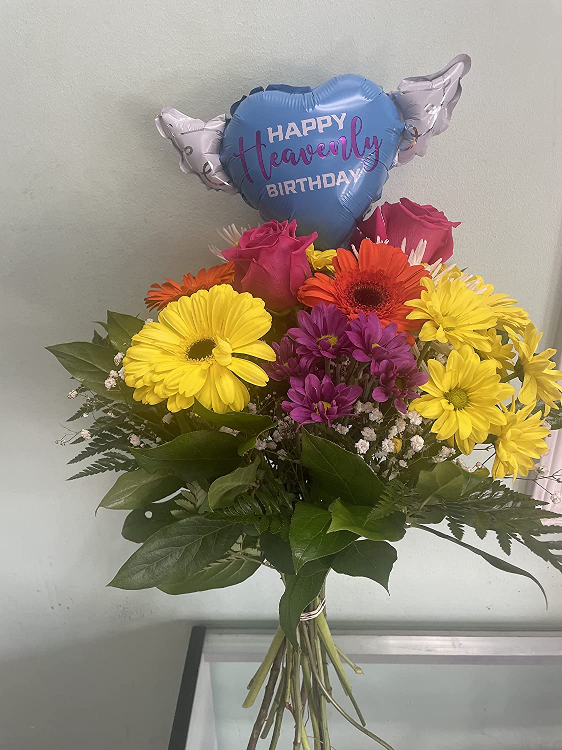 Happy Heavenly Birthday blue/purple balloons on a stick heart shaped with angel wings + bouquet of flowers