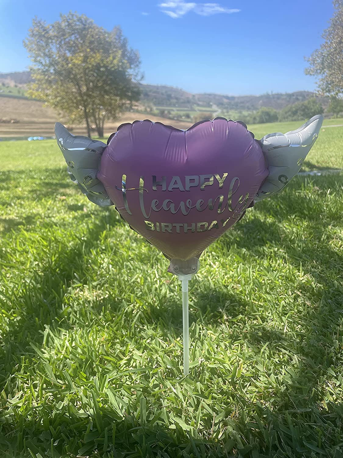 Happy Heavenly Birthday pink balloons on a stick heart shaped with angel wings