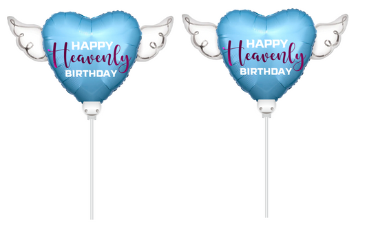 Happy Heavenly Birthday blue/purple balloons on a stick heart shaped with angel wings