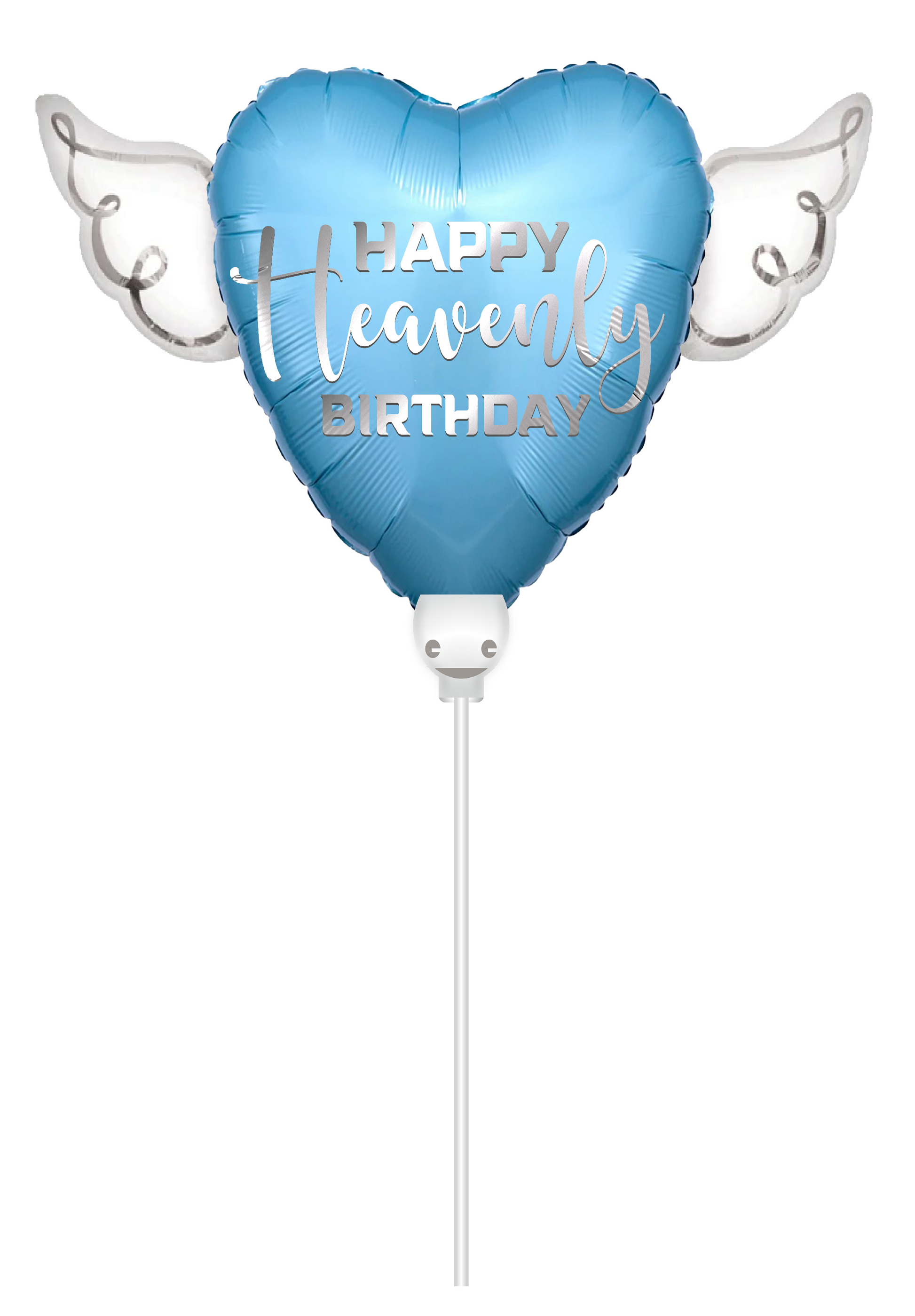 Heavenly Balloons ™ on a Stick Happy HEAVENLY BIRTHDAY blue heart shaped with angel wings
