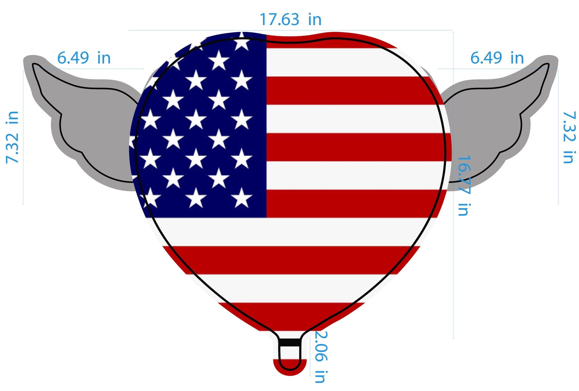 American USA Flag Heavenly Balloons Heart Shaped with angel wings dimensions