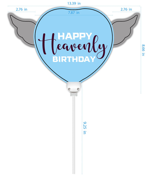 Happy Heavenly Birthday blue/purple balloons on a stick heart shaped with angel wings dimensions
