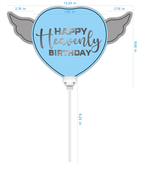 Happy Heavenly Birthday blue balloons on a stick heart shaped with angel wings dimensions