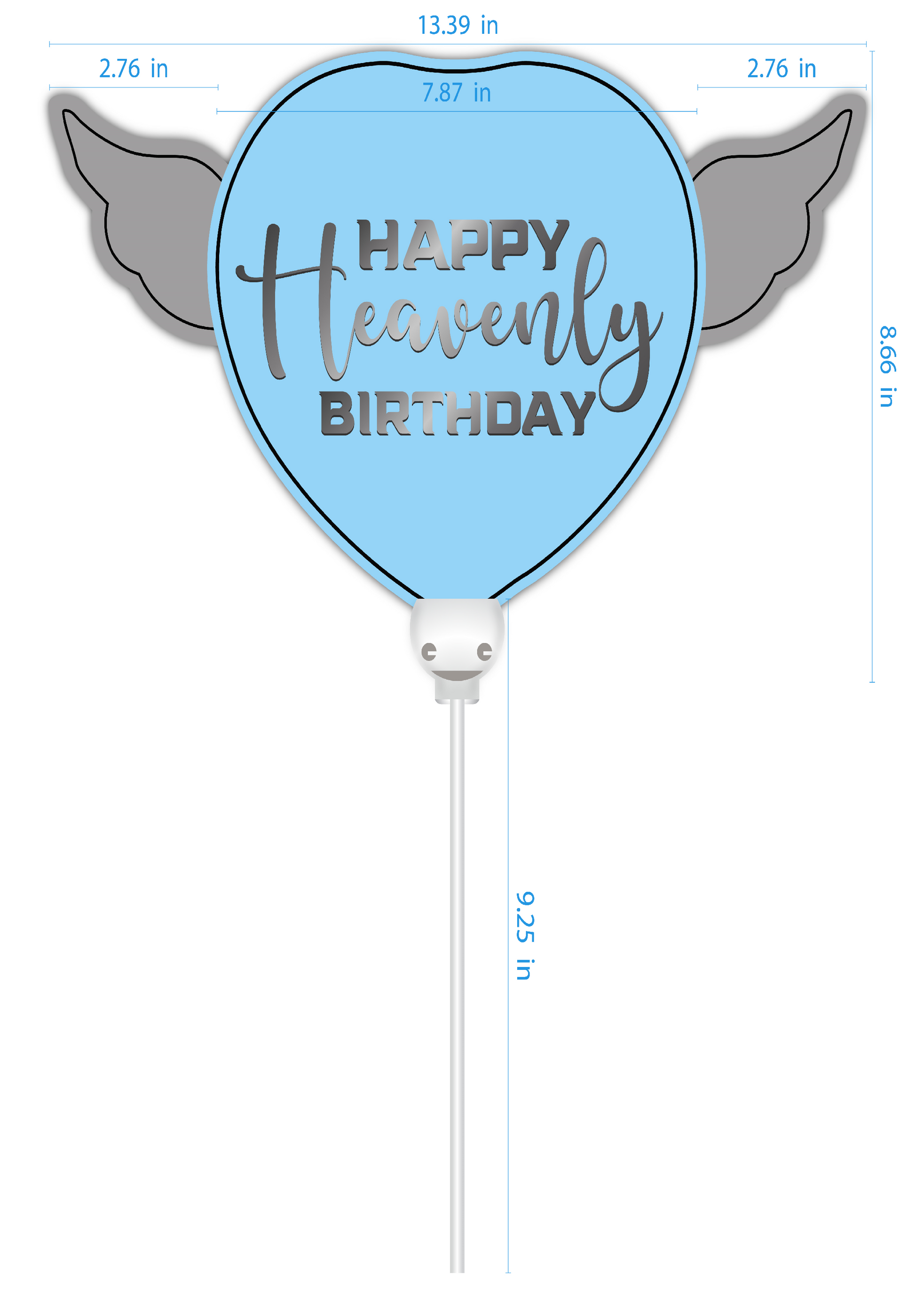 Heavenly Balloons ™ on a Stick Happy HEAVENLY BIRTHDAY blue heart shaped with angel wings