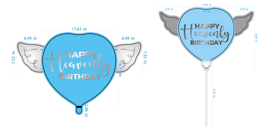 Heavenly 2-PK Combo Blue Happy Heavenly Birthday Balloon & Heavenly Birthday Balloon on a Stick Heart Shaped with angel wings dimensions