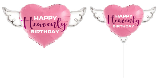 Heavenly 2-PK Combo Pink/Purple Happy Heavenly Birthday Balloon & Heavenly Birthday Balloon on a Stick Heart Shaped with angel wings