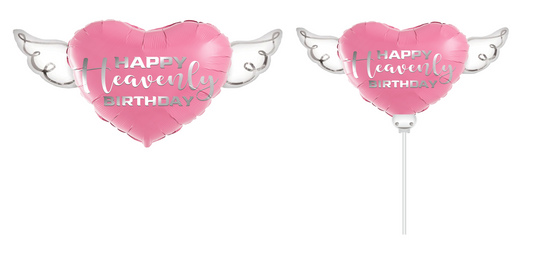 Heavenly 2-PK Combo Pink Happy Heavenly Birthday Balloon & Heavenly Birthday Balloon on a Stick Heart Shaped with angel wings