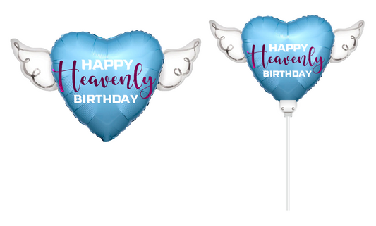 Heavenly 2-PK Combo Blue/Purple Happy Heavenly Birthday Balloon & Heavenly Birthday Balloon on a Stick Heart Shaped with angel wings
