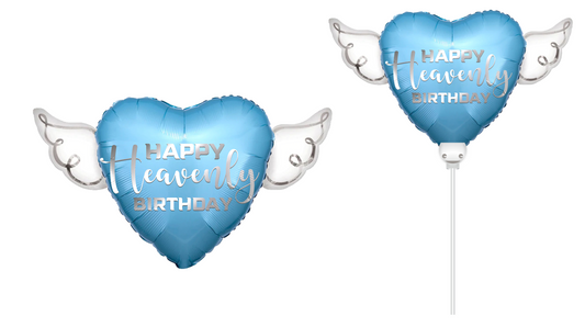 Heavenly 2-PK Combo Blue Happy Heavenly Birthday Balloon & Heavenly Birthday Balloon on a Stick Heart Shaped with angel wings