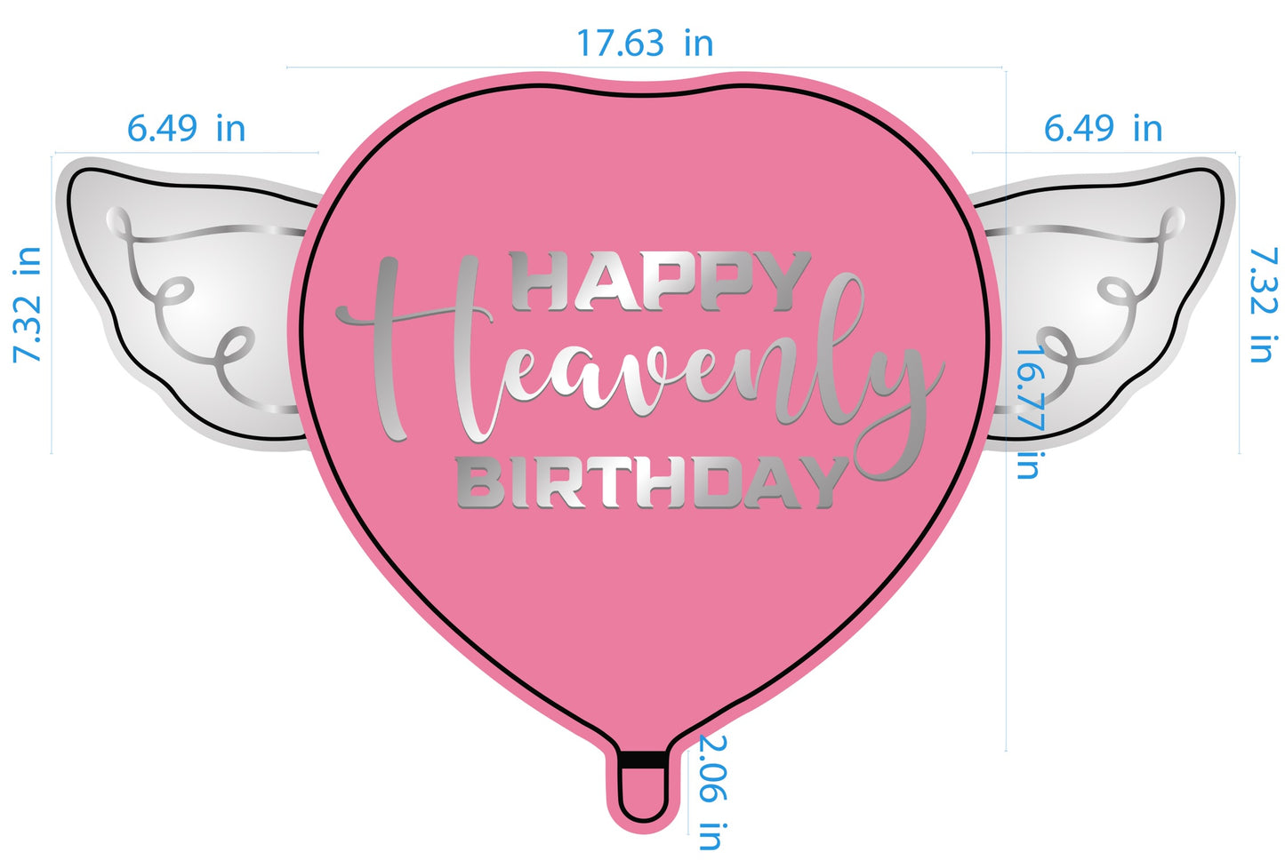 Happy Heavenly Birthday Heart Shaped Balloons with angel wings dimension