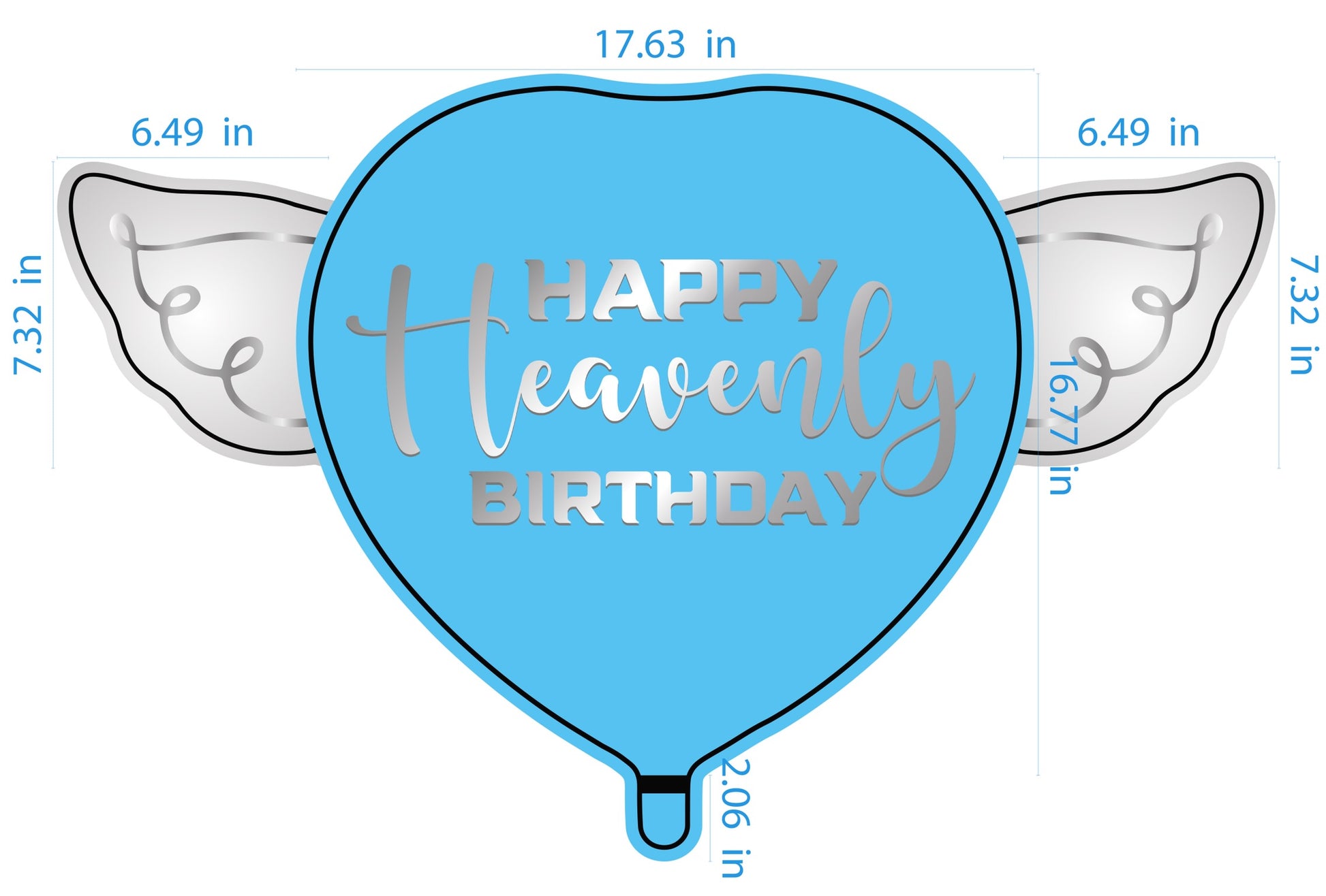Happy Heavenly Birthday Heart Shaped Balloons with angel wings dimensions