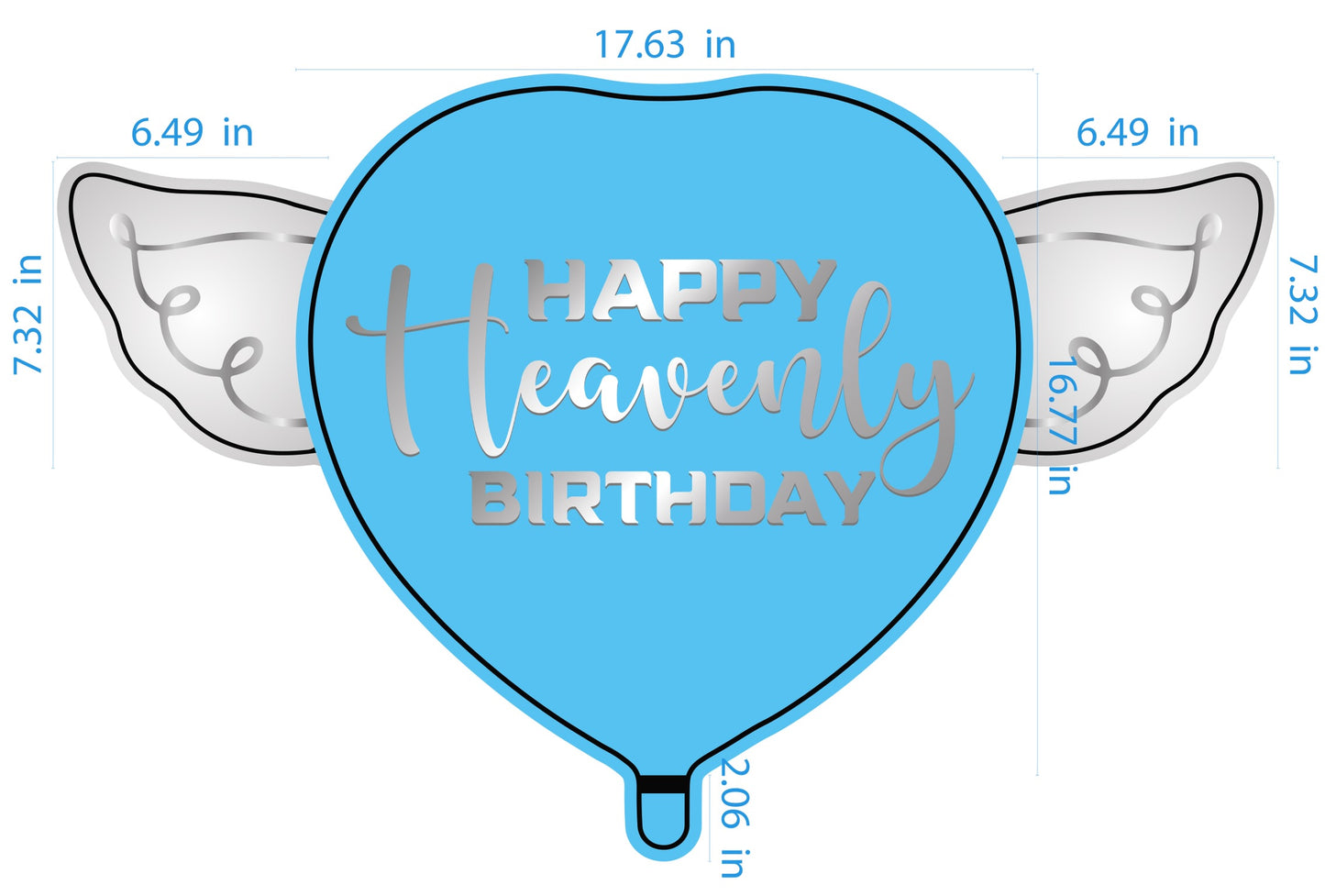 Heart-Shaped Blue Happy Heavenly Birthday Balloon with white angel wings dimension