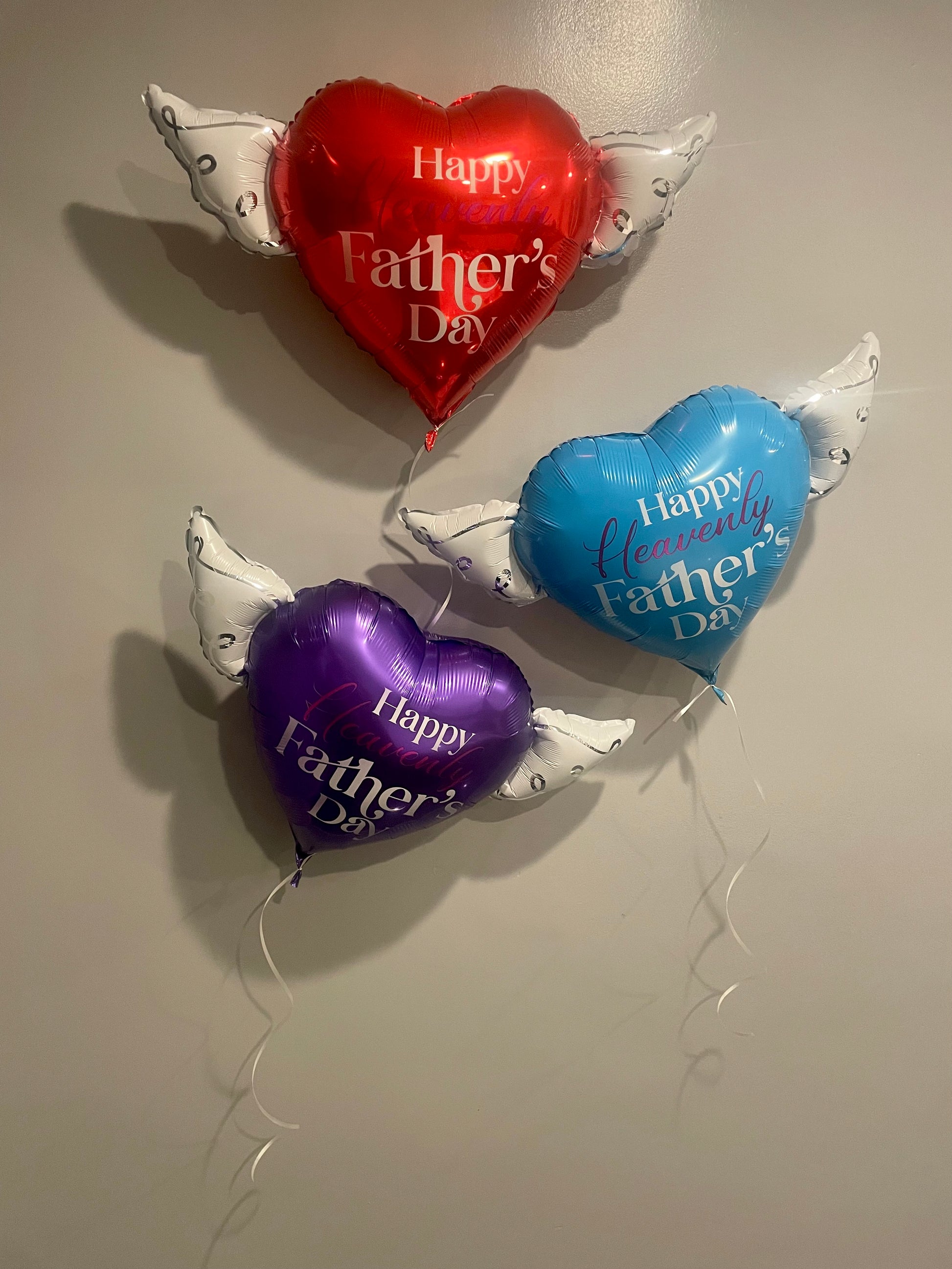 Happy Heavenly Father's Day Balloons Heart Shaped with angel wings (Blue, Red & Purple)