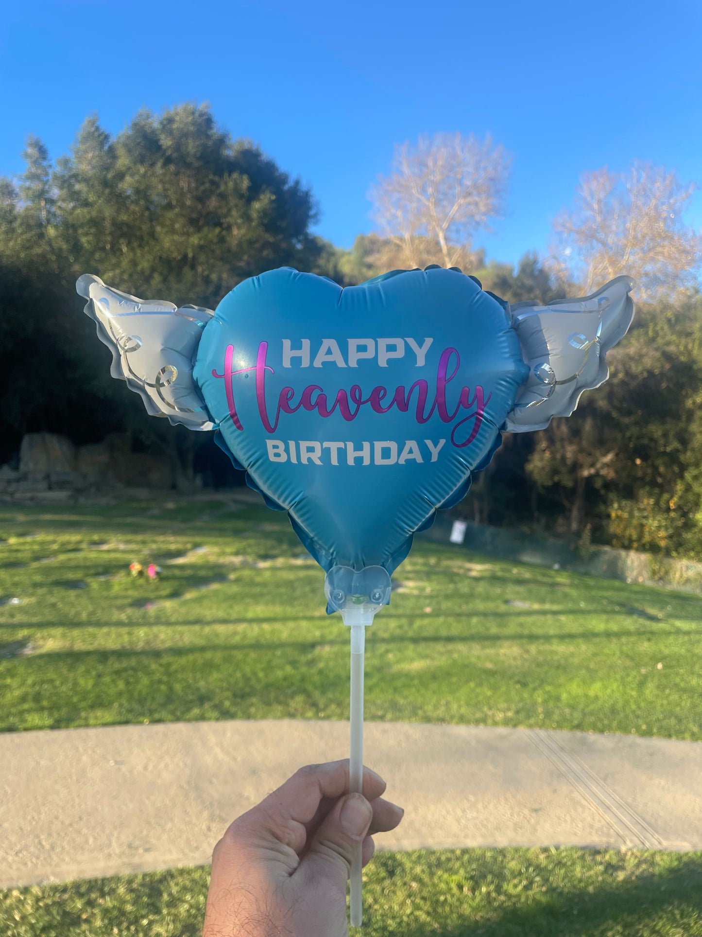 Heavenly Balloons ™ on a Stick Happy HEAVENLY BIRTHDAY blue/purple heart shaped with angel wings